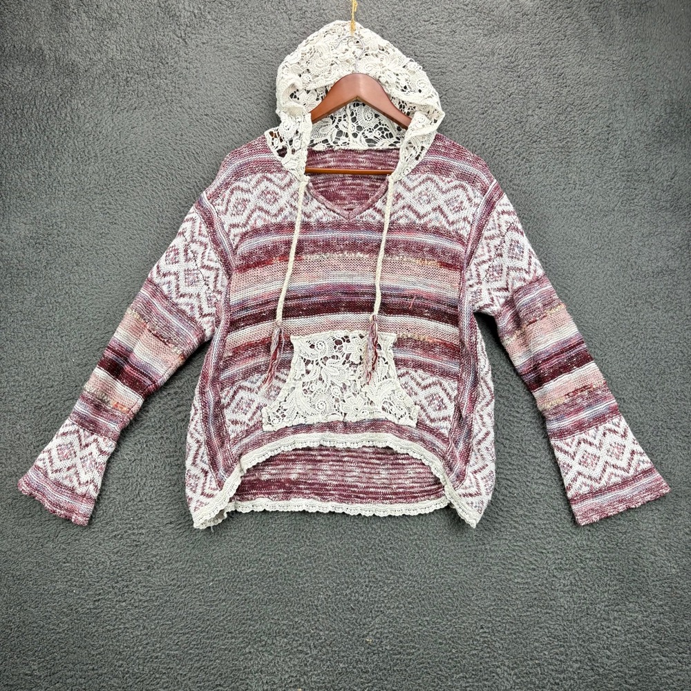 Boho Crochet Lace Hooded Knit Sweater Baja Pullover Burgundy White Southwestern